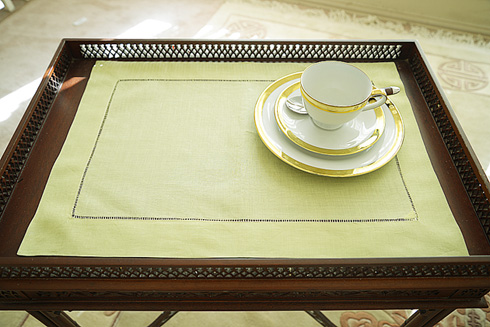 Mellow Green color Hemstitch Placemat 14"x20". Ramie & Cotton - Click Image to Close